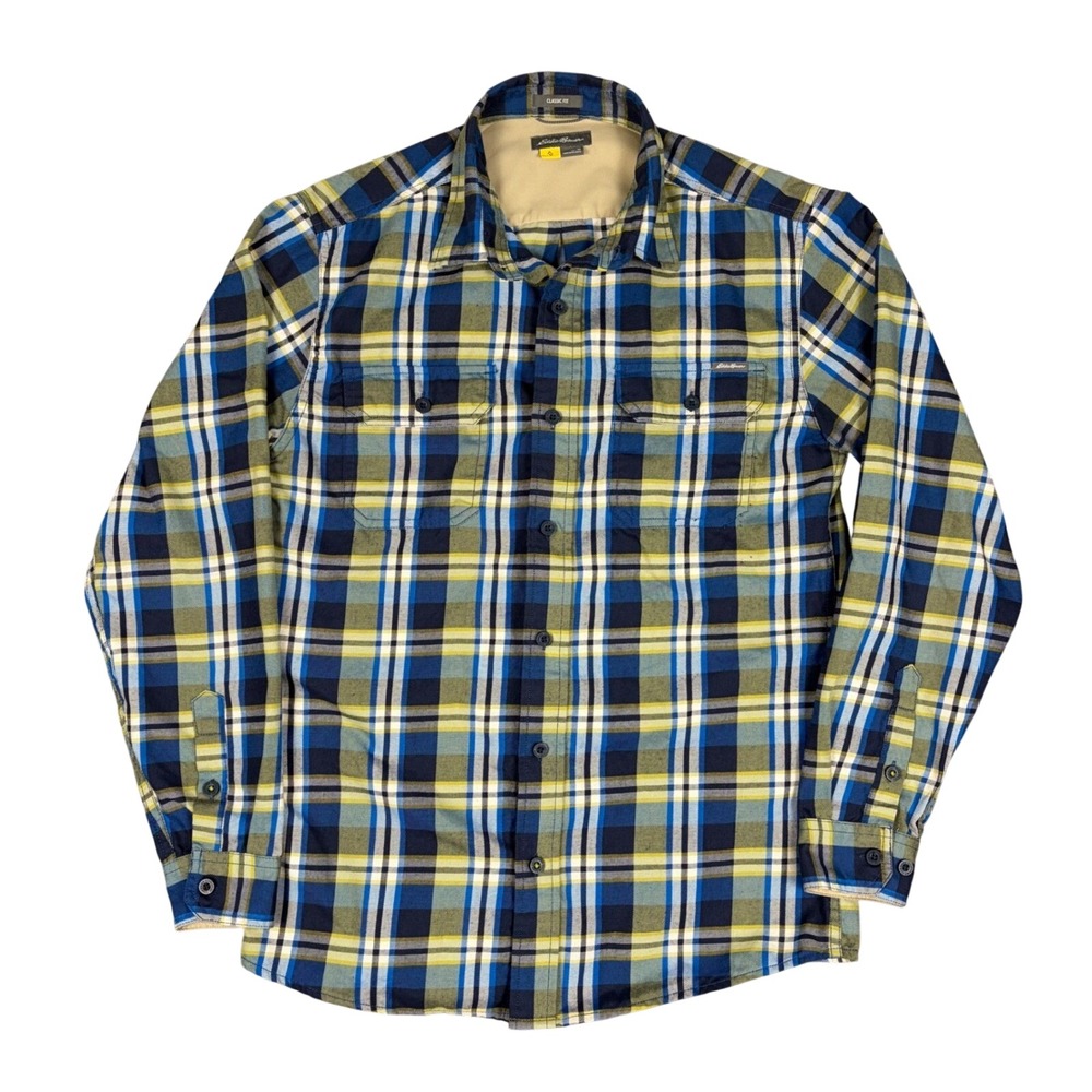 Eddie Bauer Button Down Shirt Mens M Blue Plaid Classic Fit Long Sleeve